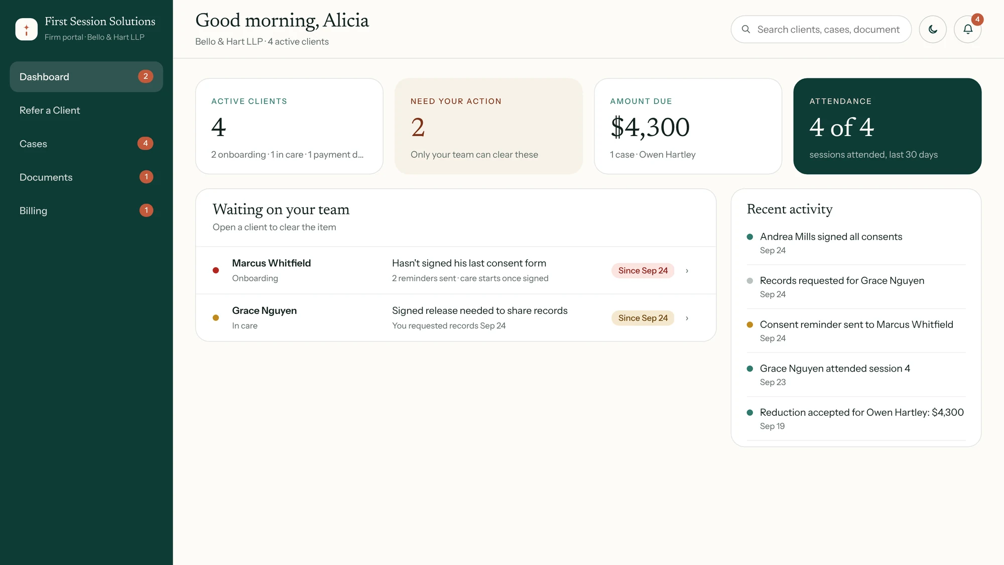 Attorney portal dashboard showing active clients, items waiting on the firm, amount due, attendance and recent activity