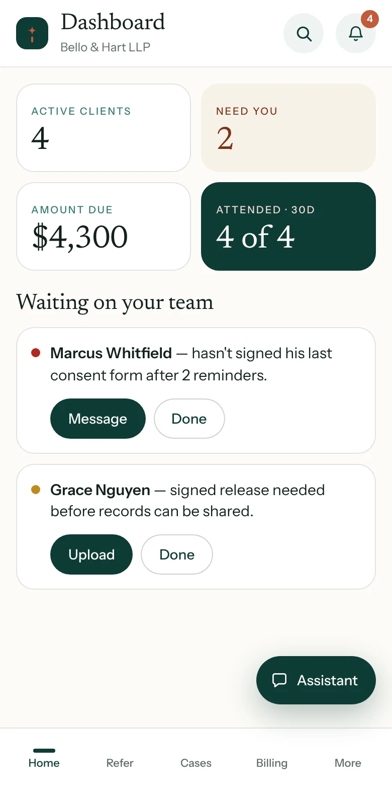 Law firm mobile view of the same dashboard